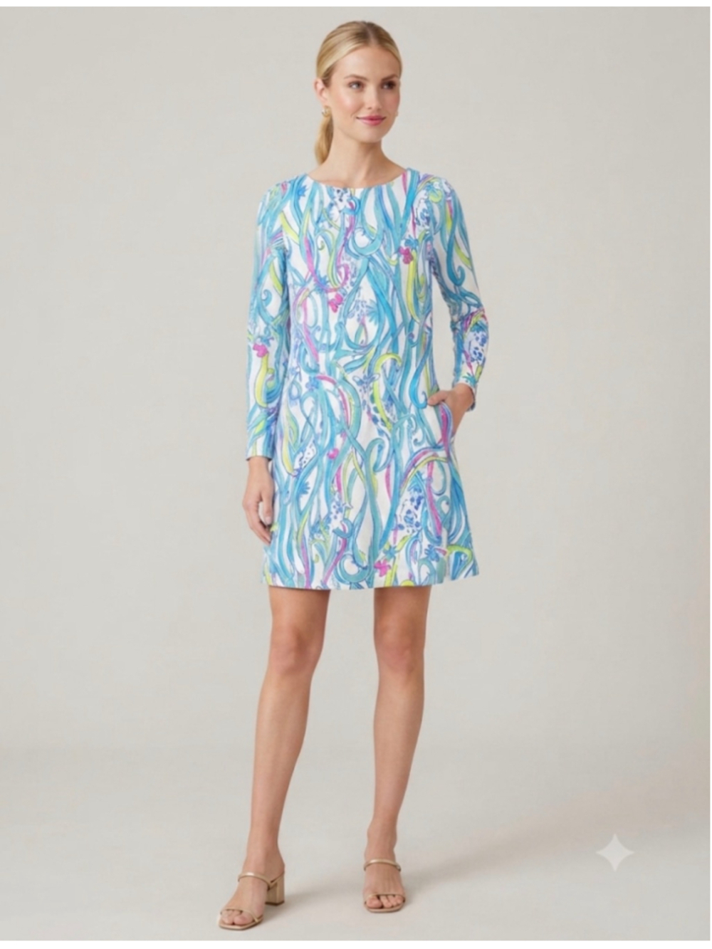 Lilly Pulitzer Mini Dress XS White Blue Patterned Long Sleeve
